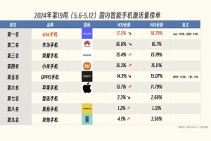 国内手机销量榜单（2024年5月最新），oppo排名第五